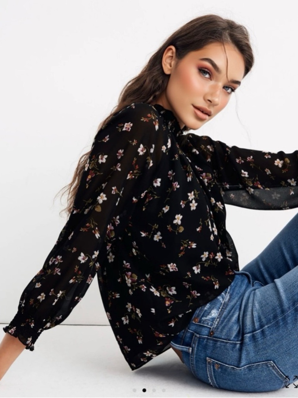 Madewell Women's Smocked Mockneck Top | Backyard blooms| Size XS